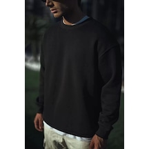 Kışlık Bisiklet Yaka Üç İplik Basic Sweatshirt - Siyah Siyah