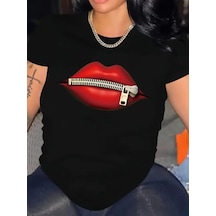 Kadın Kısa Kol Yazlık Tişört Bisiklet Yaka Dudak Baskılı T-shirt - Siyah
