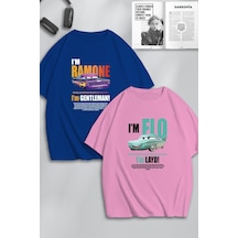 Unisex Kadın Erkek Ramone,flo Layd Ve Gentleman Baskılı Sevgili Çift Kombini Tasarım Oversize Tshirt Mavi Pembe Mck0514 Çok Renkli