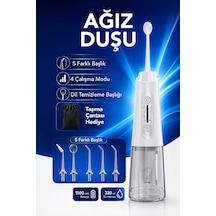 Şarjlı Ağız Duşu - 320ml Su Hazneli 5 Başlık 4 Çalışma Modlu Su Geçirmez Ağız Diş Dil Temizleyici Beyaz