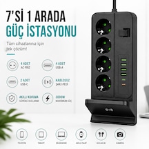 4'lü Akım Korumalı Masaüstü Priz 4 Usb-a + 2 Type-c Hızlı Şarj Kablosuz Şarj Standlı 2 Metre Kablolu Çoklu Priz 0 - 2 M