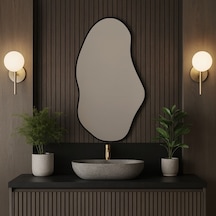 30x53 Cm Modern Asimetrik Duvar Aynası Organik Form Siyah Çerçeveli Dekoratif Banyo Ve Salon Aynası Siyah