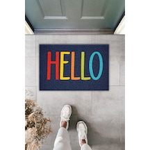 Rugmood Modern Dijital Baskı Paspas - Hello Yazılı Canlı Renkler - Kapı Önü Paspası Lacivert