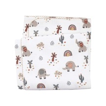 Unisex Ekru Kahve Biyeli Fil Gökkuşağı Desenli Pikeli Müslin Battaniye 100x100cm Çok Renkli