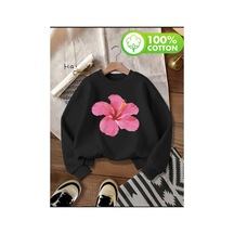 Herkesemoda Pembe Çiçek Desen Detaylı Bisiklet Yaka İçi Polarlı Sweatshirt Siyah