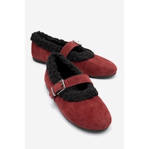 Luvishoes Luvi Shoes Guın Bordo Süet Hakiki Deri Peluş Detaylı Kemerli Kadın Babet Ayakkabı Bordo