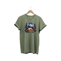 Yazlık Kamp Doğa Çadır Ve Dağ Baskılı %100 Pamuk Regular Fit Bisiklet Yaka T-shirt Haki
