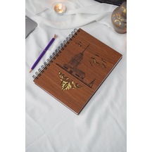 A5 Spiralli Kız Kulesi Motifli Ahşap Defter - Çizgisiz Defter Ahşap Rengi Ceviz A5 Notebook