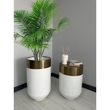 Dekoratif Eskitme Darbuka Parlak Beyaz Saksı 70cm + Sehpa 60cm İkili Set