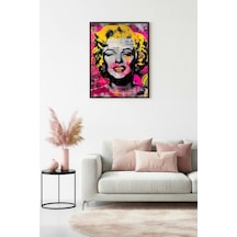 Doğal Ahşap Çerçeveli Sarı-pembe Grafik Desenli Tablo - Pop Art Huhu1923