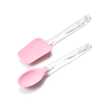 2 Li Plastik Saplı Silikon Kaşık - Spatula Seti Pembe Pembe