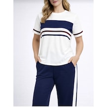 Mihra Kadın Şerit Detaylı Kısa Kollu Premium Modal Pijama Lacivert