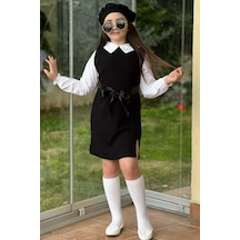 Riccotarz Kız Çocuk Gömlek Yaka Yırtmaç Detaylı Fitilli Kumaş Siyah Elbise 001