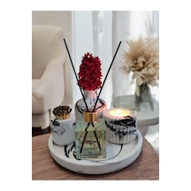Mermer Desenli Mum Ve Vazo Seti - Vazo+oda Kokusu+tealight Mumluk Ve Mum+kibritlik+yuvarlak Tepsi Beyaz - Siyah