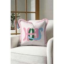 Sarılan Kollar Yazılı Pop Art Saçaklı Yastık Kılıfı - Soyut Figürlü Pembe Püsküllü Kırlent Kılıfı Serin Esinti Saten