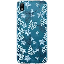 Huawei Y5 2019 Uyumlu Kapak Floral Mavi Tasarımlı Şeffaf Silikon Kılıf