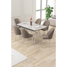Canisa Sim Serisi 89x150 Açılabilir Lak Panel Rampla Gri Krom Ayak Masa Takımı Ve 6 Cappucino Sandalye Masa Rampla Gri Sandalye Cappucino Krom Ayak