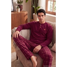 Buratti Ekoseli Düğmeli Bisiklet Yaka Yumuşak Polar Pijama Takımı Erkek Pijama Takımı 6097019 Bordo