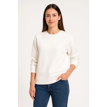 Kadın 3 İplik Pamuklu Düz Bisiklet Yaka Sweatshirt - Beyaz