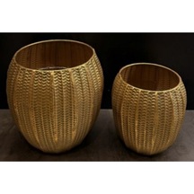 Metal Saksı S/2 Set 28-37 Cm Dekoratif Modern Şık 2 Li Salon Saksı Seti Altın