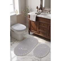 Gri 3lü Fransız Dantelli Lüks Banyo Paspası Kaymaz Çeyizlik Oval Banyo Paspas Seti Lauris