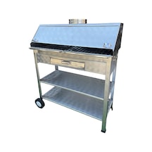 Paslanmaz Kömürlü Mangal Çekmeceli 40 X 90 Cm Bacalı Tekerlekli Barbekü Gri