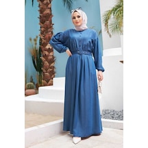 Neways 6586-Büzgülü Elbise Koyu Mavi