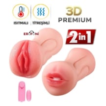 Ultra Süper Realistik 2 İşlevli Titreşimli Isıtmalı 19 Cm Yapay 2 İn 1 Yapay Suni Vajina Oral Mastürbatör
