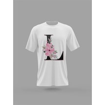 Noıssey Mavi L Harfi Baş Harf Pembe Çiçekli Baskılı T-shirt Pnrmtshrt4475 Beyaz