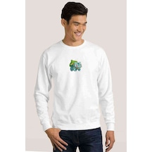 Pokemon Balbasaur Baskılı Beyaz Erkek Örme Sweatshirt