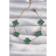 316l Çelik Gold Renk Çizgili Yeşil Mineli Yonca Bileklik - Tj-bb6260 Gümüş