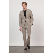 İmza Koyu Bej Kendinden Desenli Mono Yaka 6 Drop Slim Fit Takım Elbise 1001260162