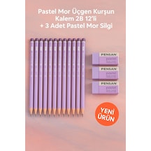 Pastel Mor Mercanlı Kurşun Kalem 2b Üçgen 12li + 3 Adet Pastel Mor Silgi Mor