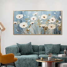 Yağlı Boya Dokulu Tablo Mavi Fonda Beyaz Modern Çiçekler Altın Çerçeveli U02037-178891
