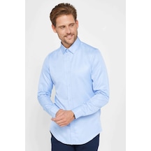 Tudors Slim Fit Uzun Kollu Kolay Ütü Teri Emen Nefes Alan Doku Kravatlık Dört Mevsim Mavi Erkek Gömlek-24892 Mavi