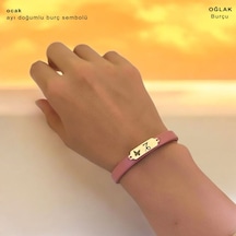 Archin Ocak Ayı Doğumlarına Kelebek Motifli 14 Ayar Altın Plakalı Koyu Pembe Derili Hediye Bileklik-654ay Ocak