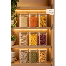 Porsima 6-3 Bambu Vakumlu Kapaklı Kare Borsilikat Cam 9lu Kavanoz Seti Saklama Kabı 1250ml 9,5x15cm Ahşap - Şeffaf