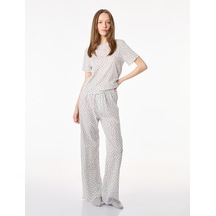 Koton Pamuklu Kısa Kollu Bisiklet Yaka Leopar Desenli Pijama Takımı Gri Desenli 6slk40111mk