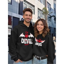 Nevermind Sevgili Çift Kombin Devil & Angel Baskılı Renk Kapüşonlu Sweatshi Siyah