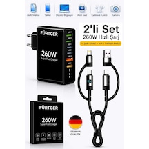 Fürtger German Frt-25w Si 260w 3 Type-c + 3 Usb-a Toplam 6 Çıkışlı Süper Hızlı Şarj Aleti + 4 Başlıklı Şarj Kablosu