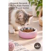 4 Adet Organik Seramik Mama Kabı Pembe Kedi Köpek Çelikli