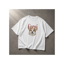 Yolo Street Oversize Beyaz Unisex Tişört %100 Pamuk Corgi Köpek Baskılı Vintage Grafik Tasarım Beyaz