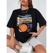 Flood Of Style Kadın Siyah Basketball Tournament Baskılı Oversize Tişört