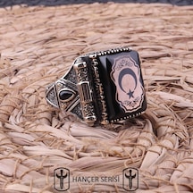 İpek Silver 925 Ayar Gümüş Sıkma Kehribar Taşlı Ay Yıldız Desenli Erkek Yüzük Apy147