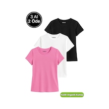 Kadın 3'lü Paket Siyah-beyaz-pembe %100 Organik Pamuk Normal Kesim Tişört Bisiklet Yaka T-shirt Pembe