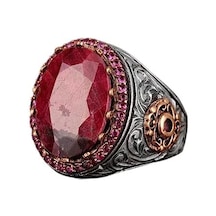 Doğal Yakut Taşlı Yüzük, Yakut Yüzük, Gümüş Yüzük, El Yapımı Erkek Yüzüğü, Pembe Gümüş