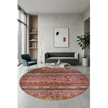 Etnik Kilim Desenli Pamuk Taban Yıkanabilir Baskılı Dekoratif Yuvarlak Halı Kırmızı