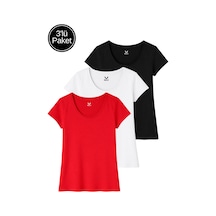Kadın Siyah-beyaz-kırmızı 3'lü Paket %100 Pamuk Kısa Kollu Tişört Siyah-beyaz-kırmızı