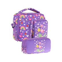 Kaukko Kids Kız Çocuk Pembe Mor Flamingo Üç Bölmeli Thermo Beslenme Çantası Ve Kalemlik Seti L7226+l8226 Mor - Yeşil