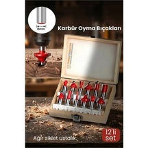 Mey İthalat Profesyonel 12'li Ahşap Freze Ucu Seti 8mm Şaft Rulmanlı Karbür Oyma Bıçakları Ahşap Kutulu